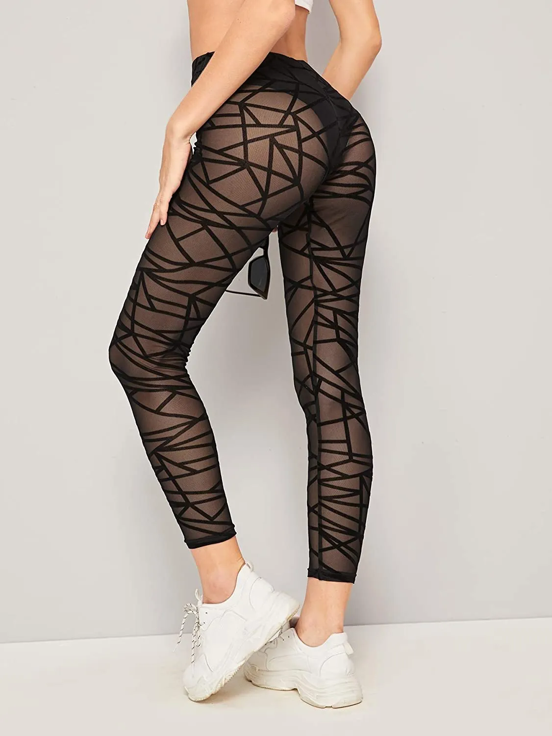 Verdusa Women's Elastic Waist Geo Print Sheer Mesh Skinny Cropped Leggings