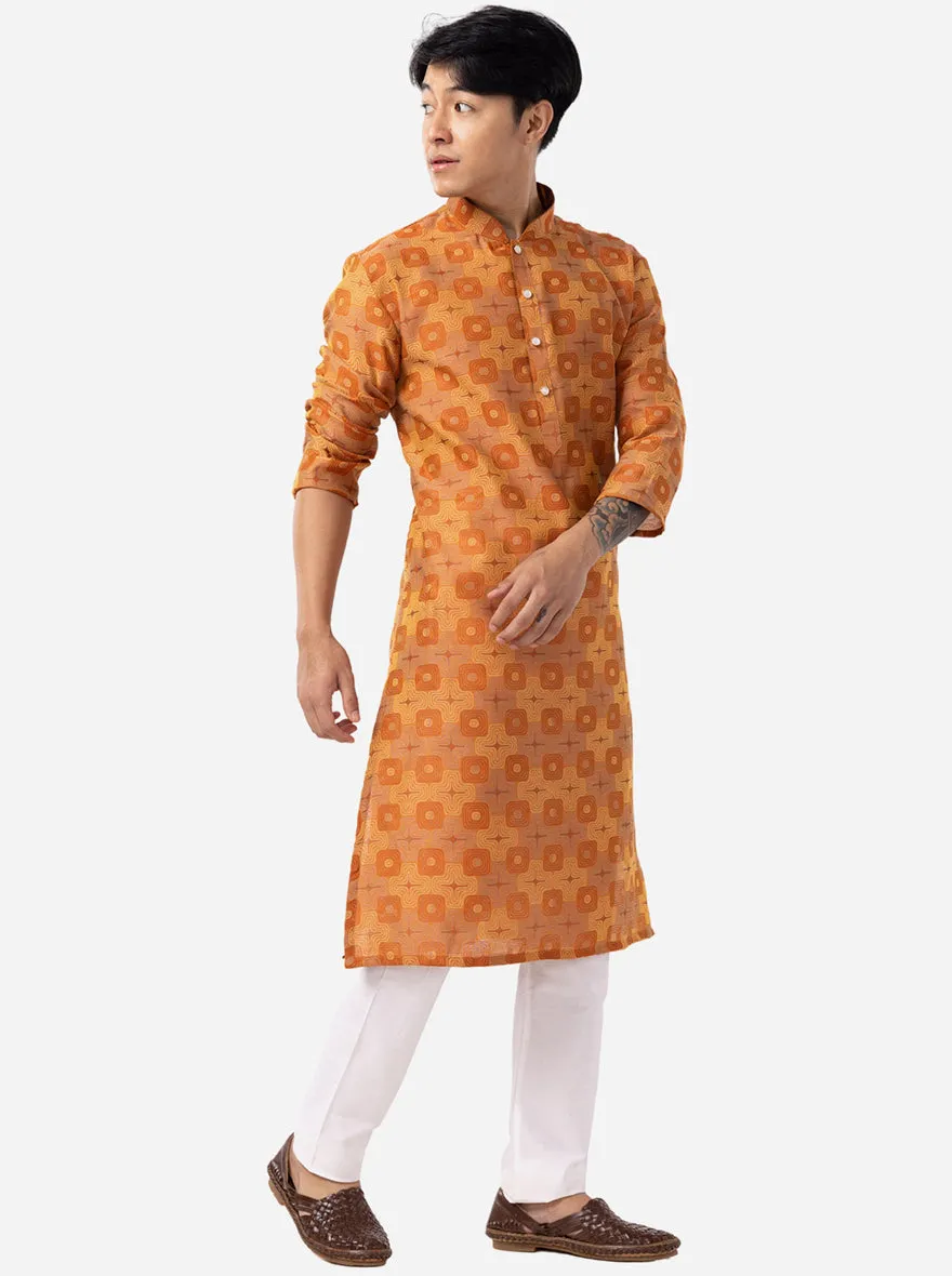 Warm Copper Printed Cotton Silk Blend Kurta for Men