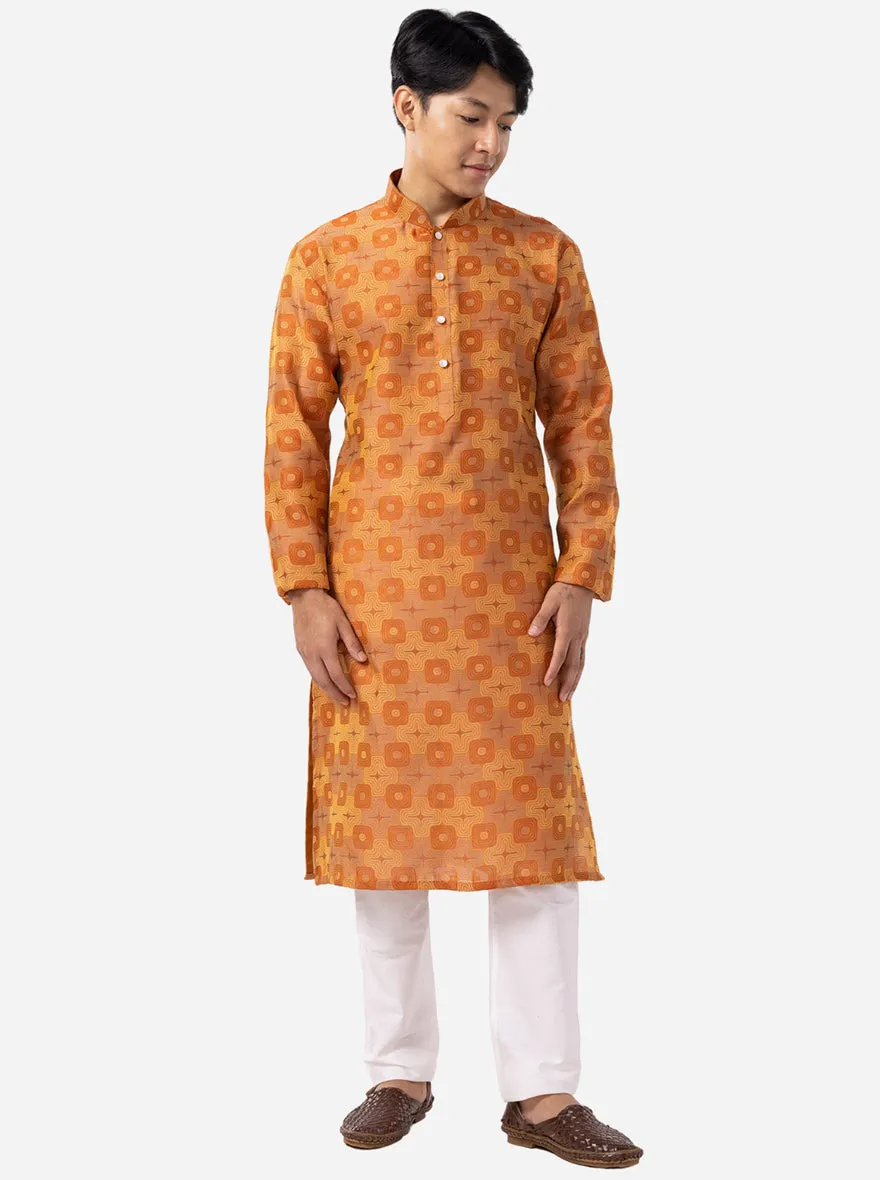 Warm Copper Printed Cotton Silk Blend Kurta for Men