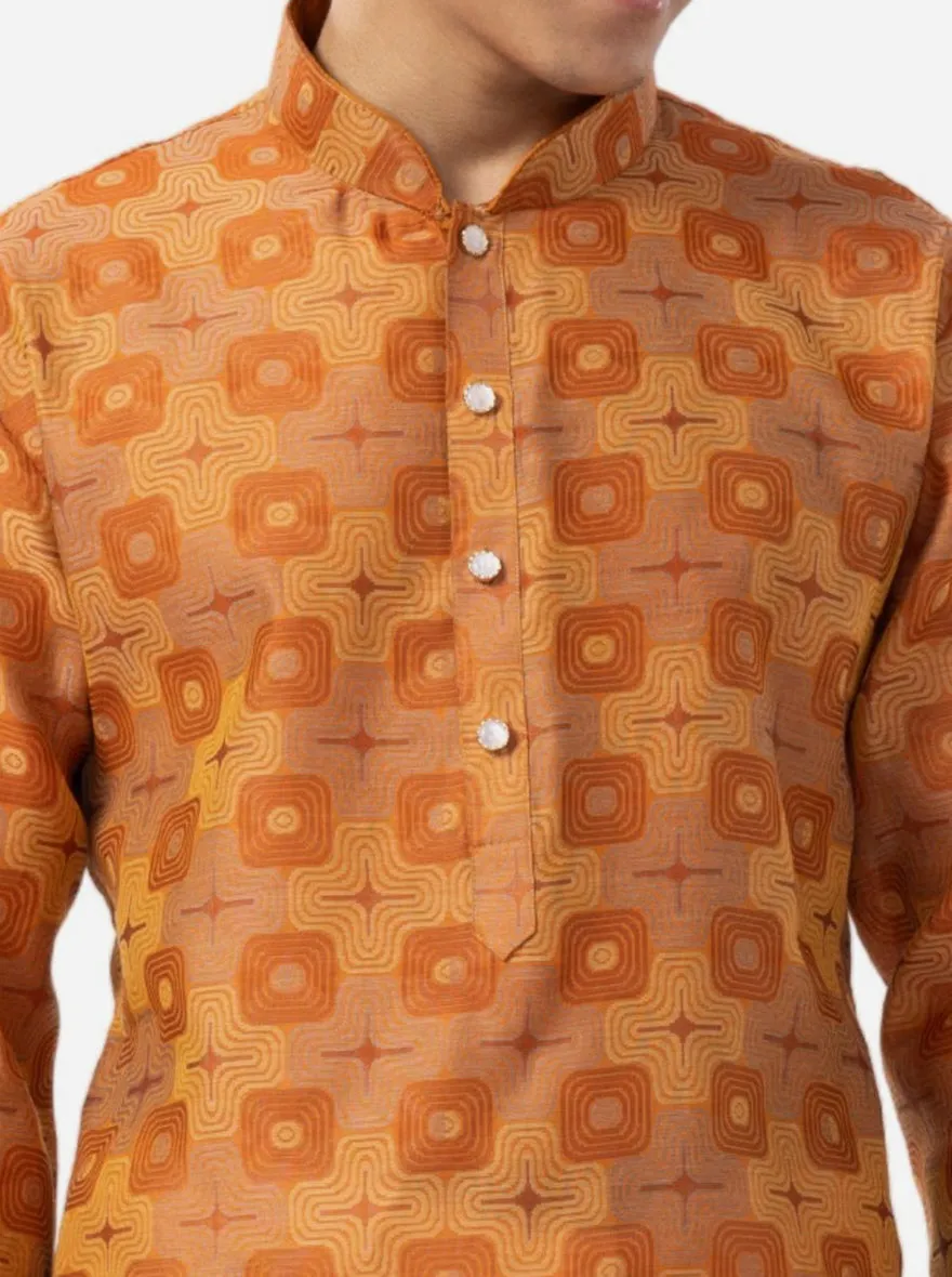 Warm Copper Printed Cotton Silk Blend Kurta for Men