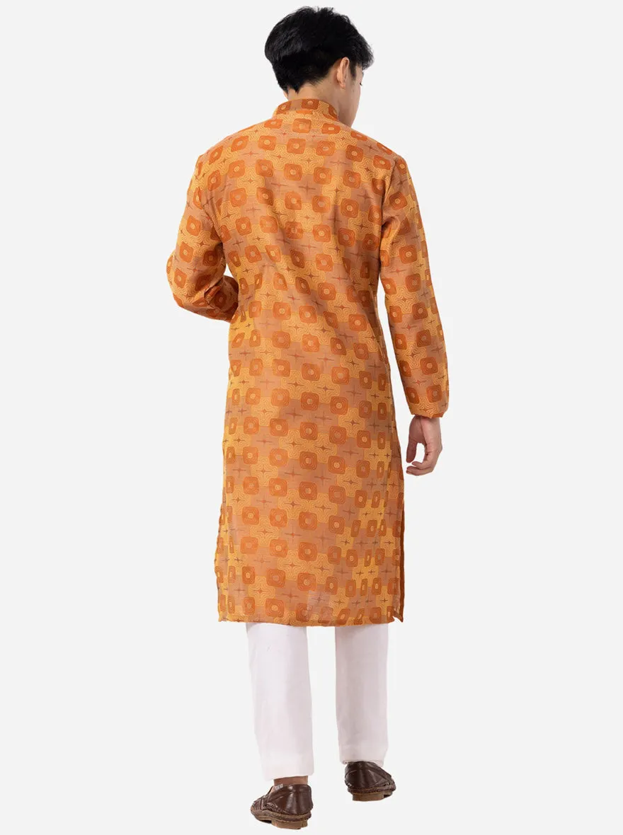 Warm Copper Printed Cotton Silk Blend Kurta for Men