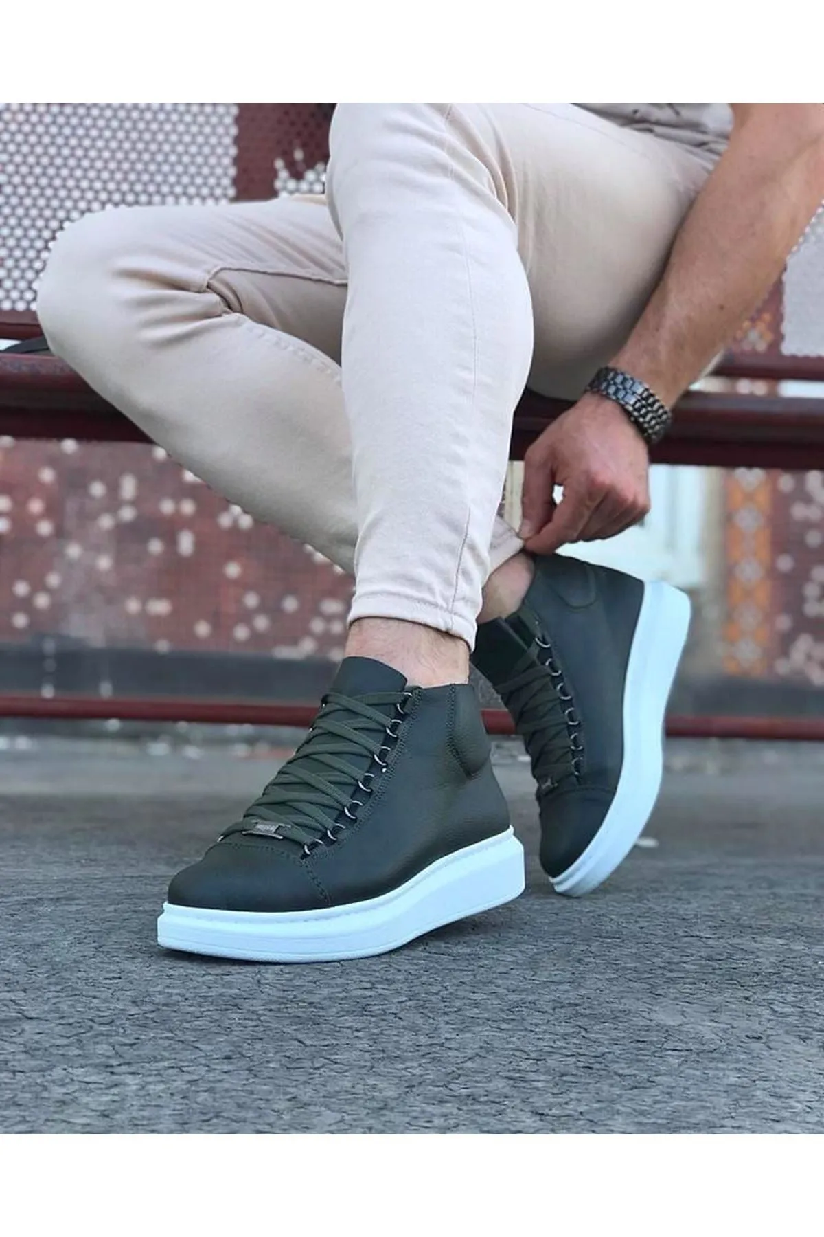 WG032 Khaki Lace-up Sneakers Half Ankle Boots