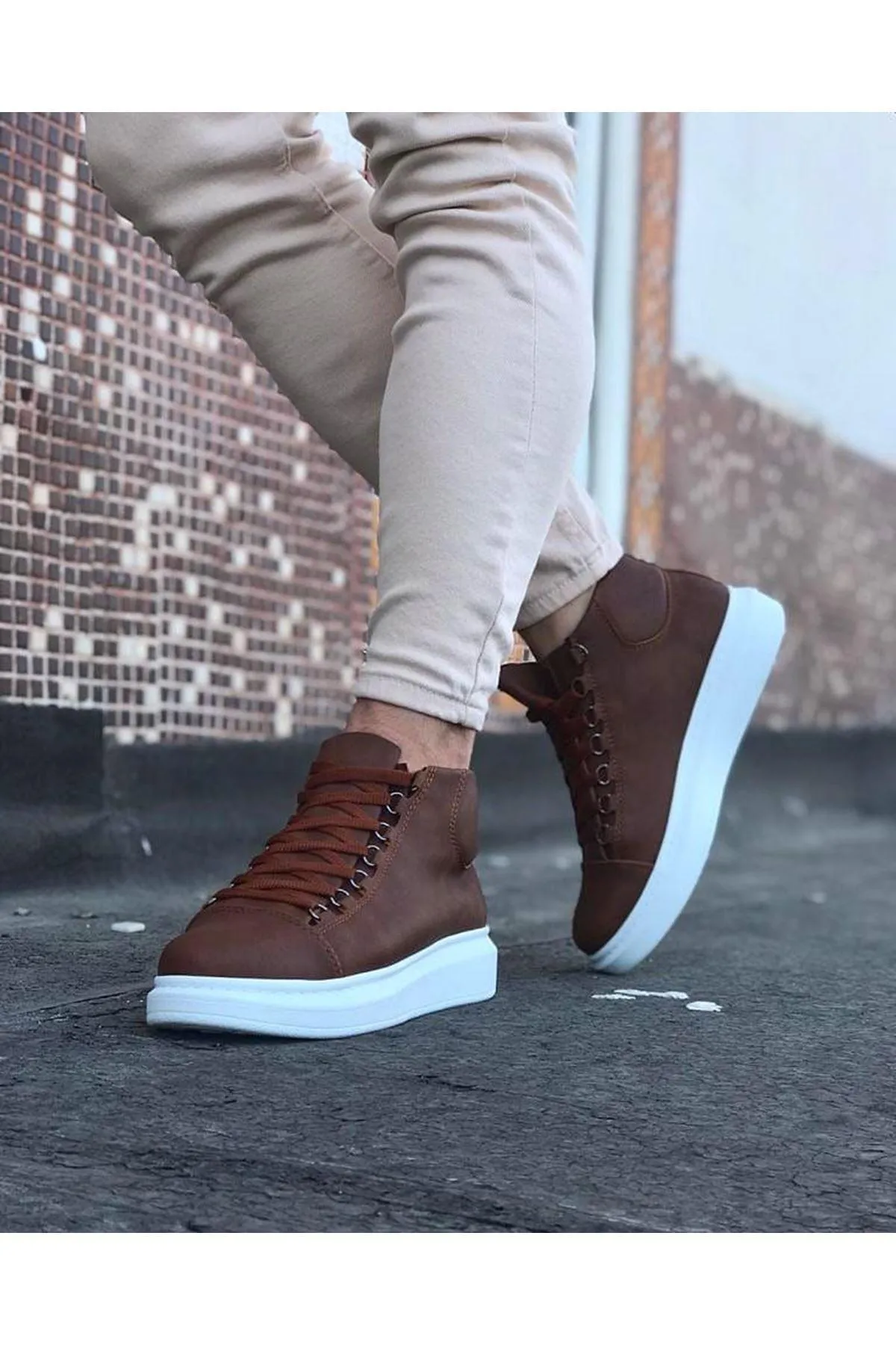 WG032 Tan Lace-up Sneakers Half Ankle Boots