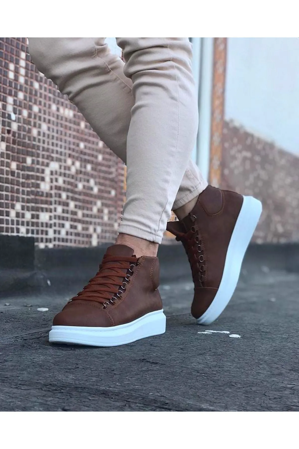 WG032 Tan Lace-up Sneakers Half Ankle Boots