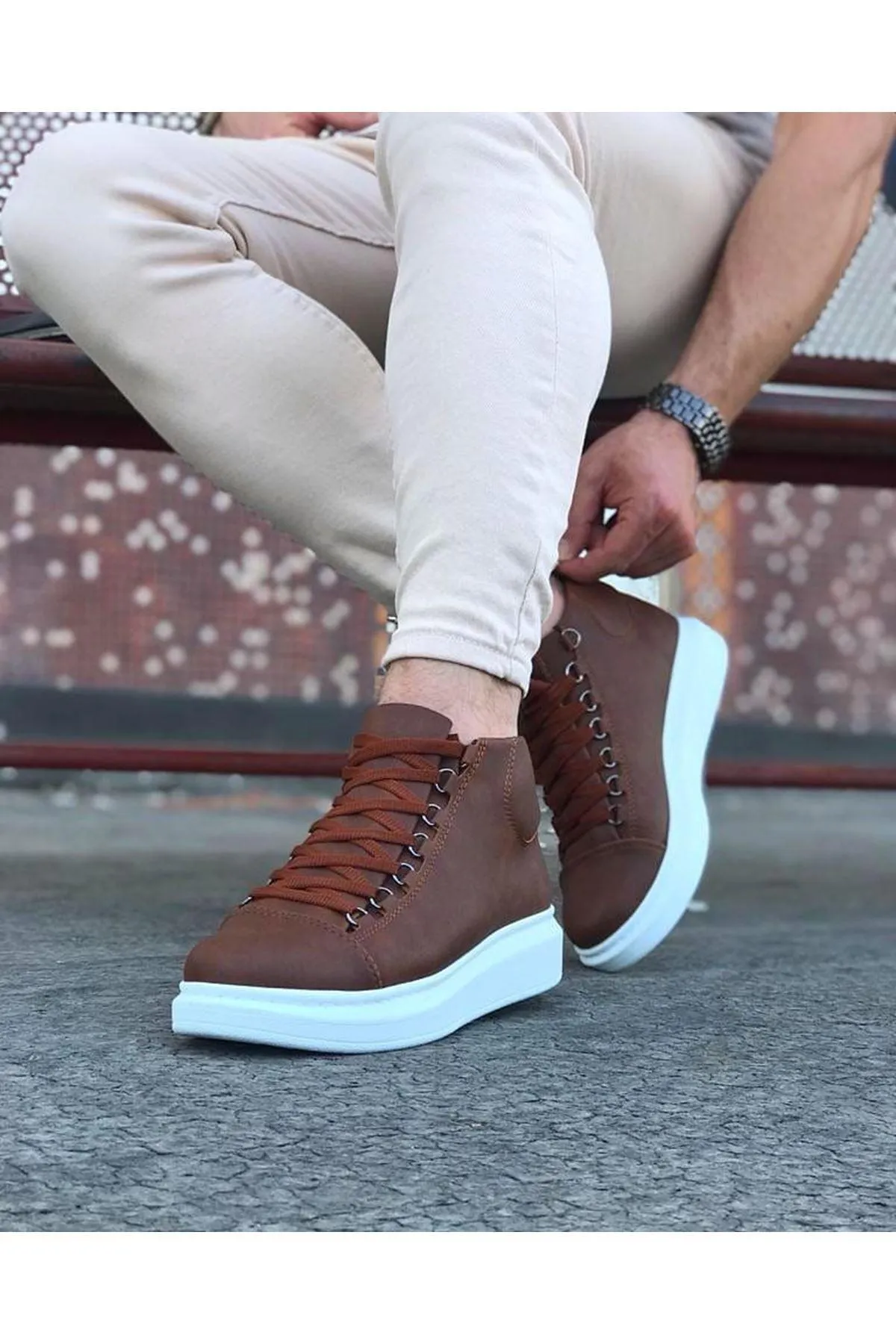 WG032 Tan Lace-up Sneakers Half Ankle Boots