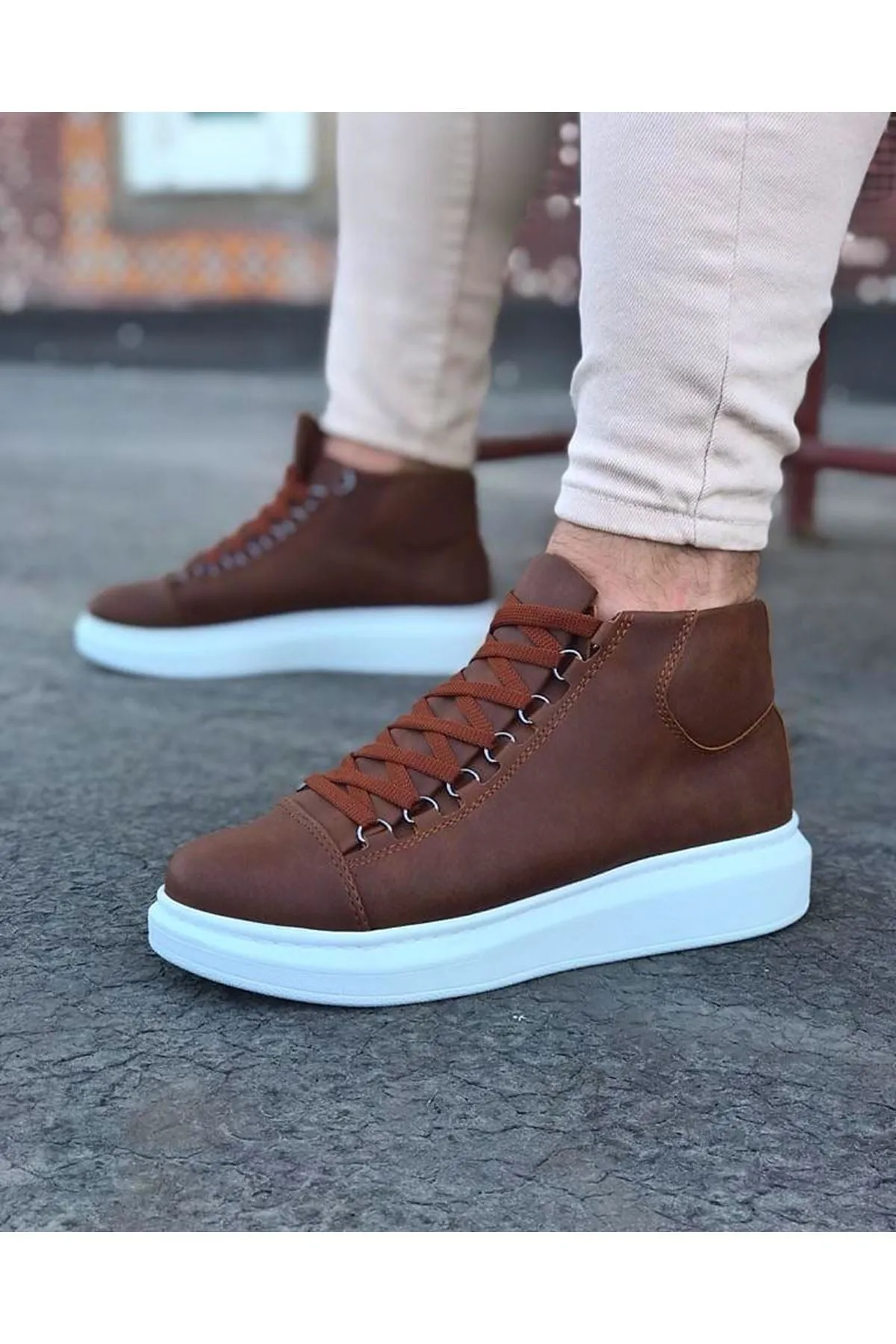 WG032 Tan Lace-up Sneakers Half Ankle Boots