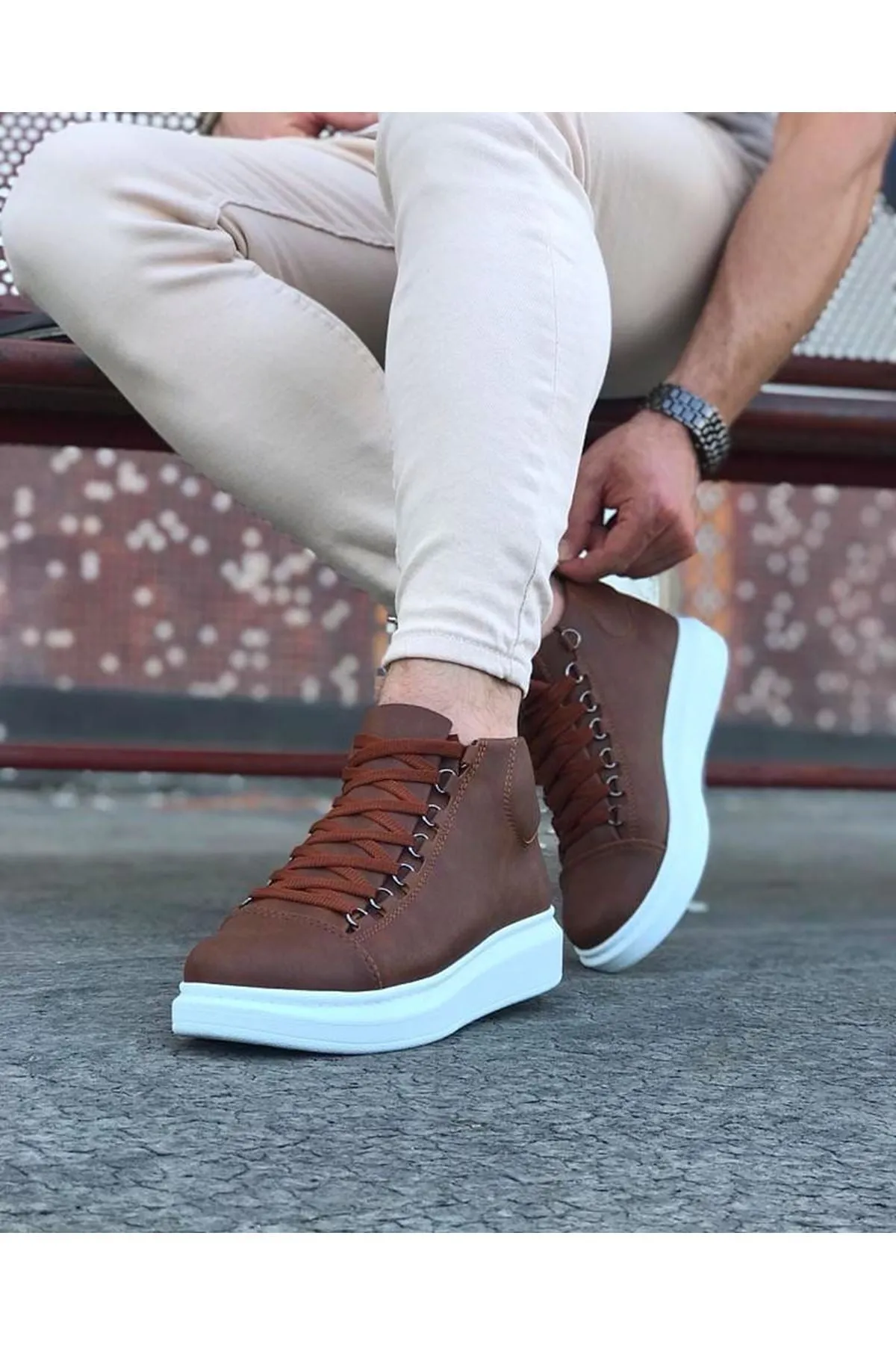 WG032 Tan Lace-up Sneakers Half Ankle Boots