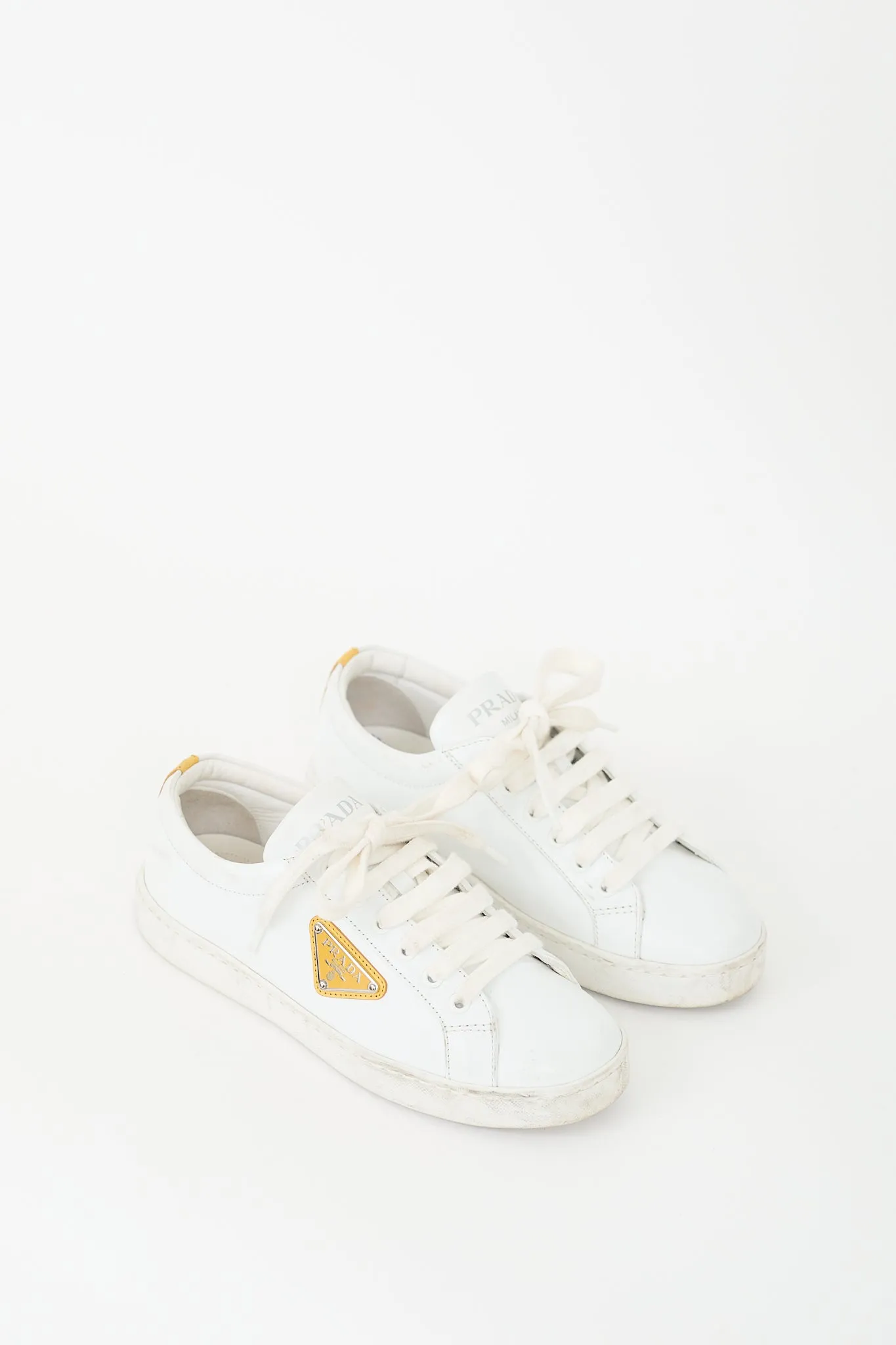 White Leather & Yellow Plaque Logo Sneaker
