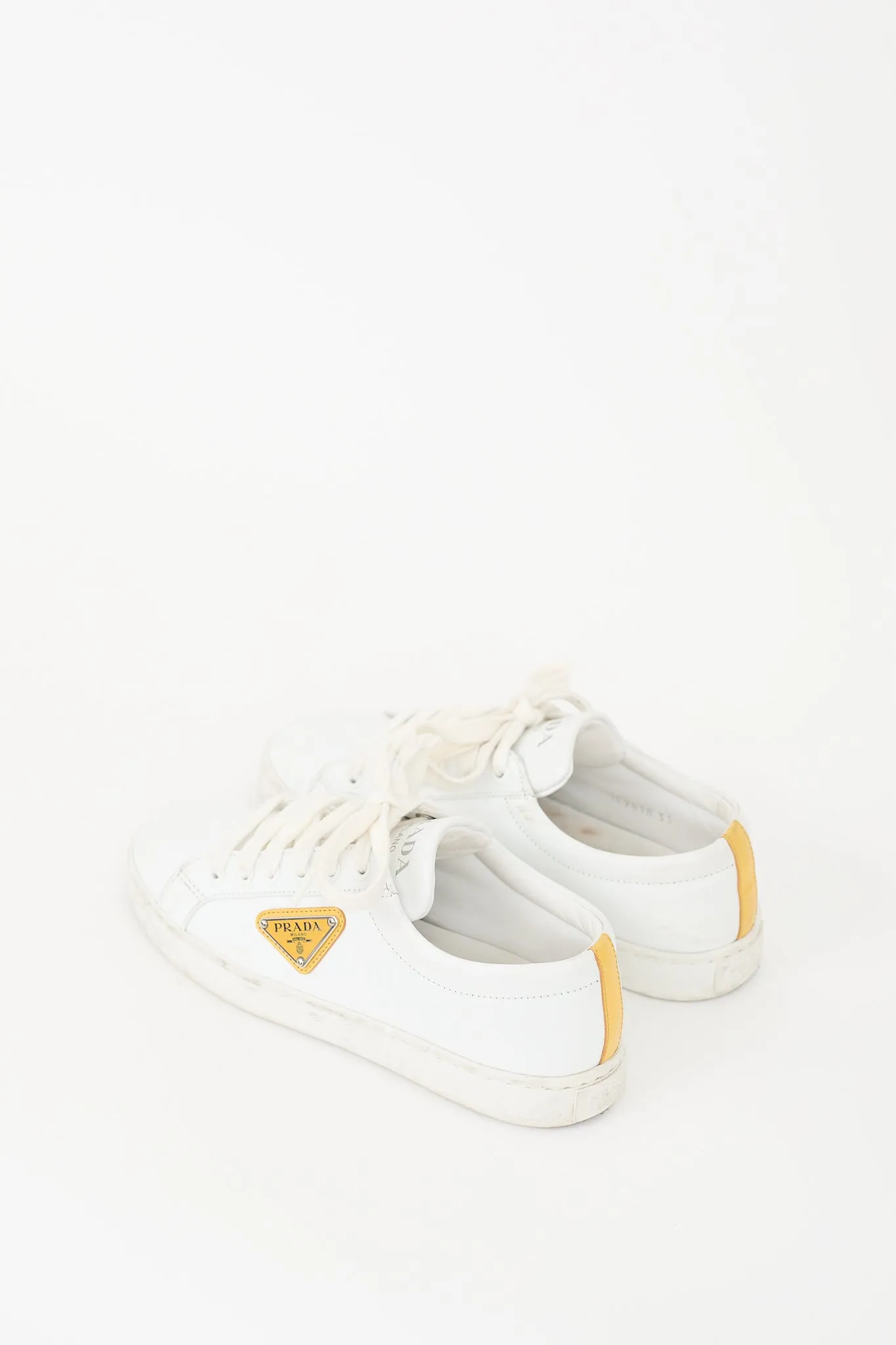 White Leather & Yellow Plaque Logo Sneaker
