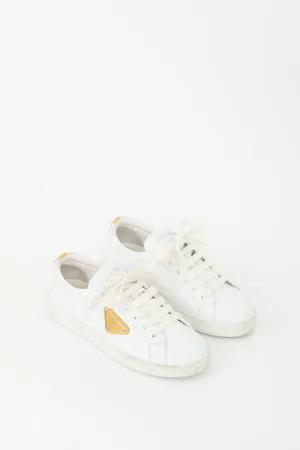 White Leather & Yellow Plaque Logo Sneaker
