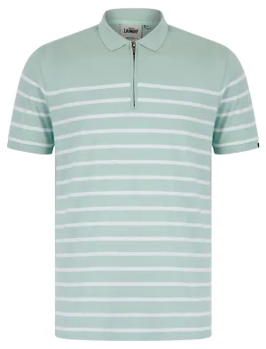 Wick Yarn Dyed Stripe Cotton Pique Zip Fasten Polo Shirt in Cloud Blue - Tokyo Laundry