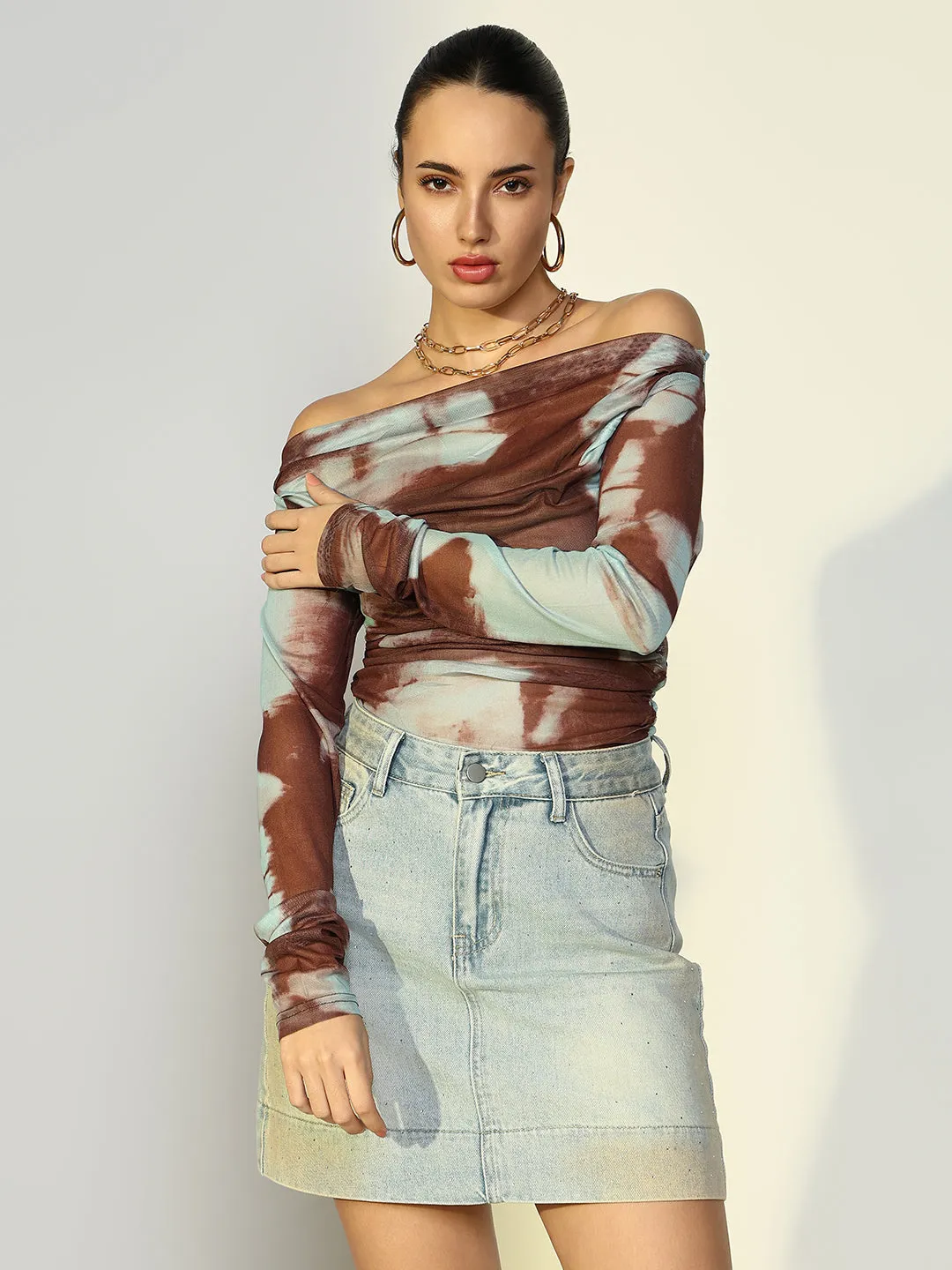 Women Abstract Off Shoulder Brown Top
