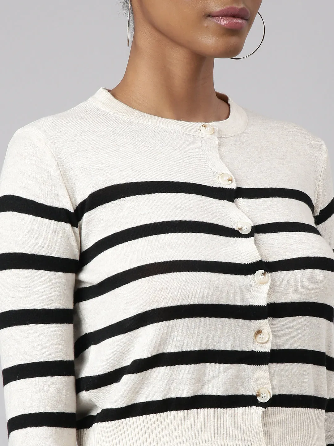 Women Cream Horizontal Stripes Boxy Top