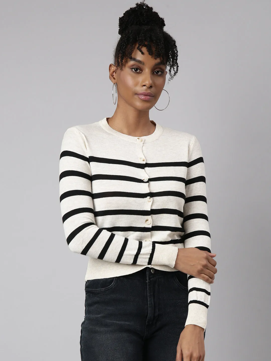Women Cream Horizontal Stripes Boxy Top