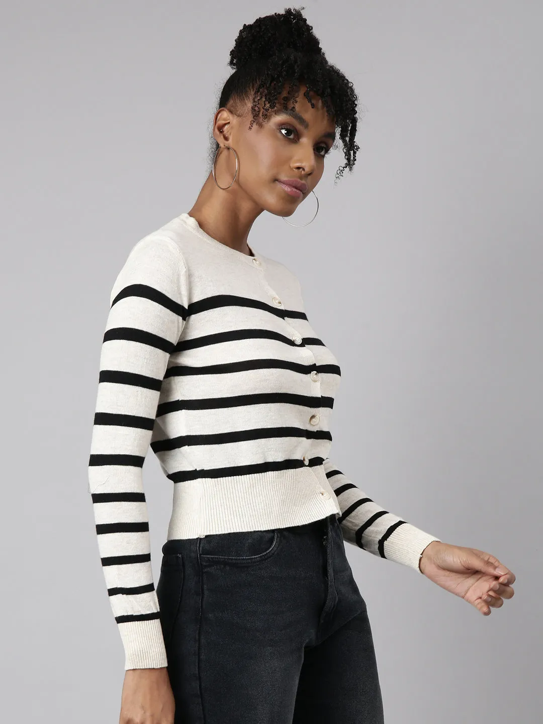 Women Cream Horizontal Stripes Boxy Top