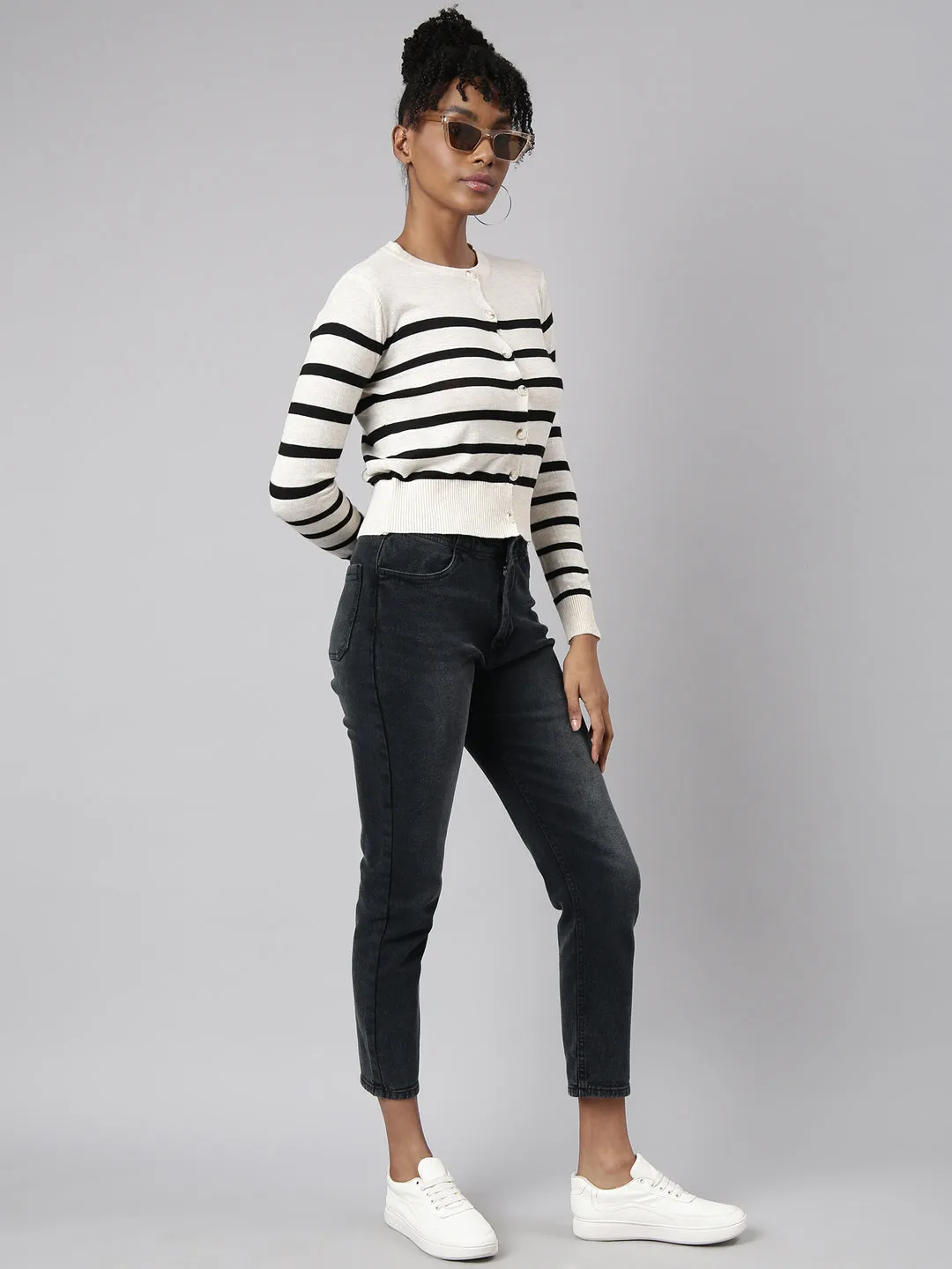 Women Cream Horizontal Stripes Boxy Top