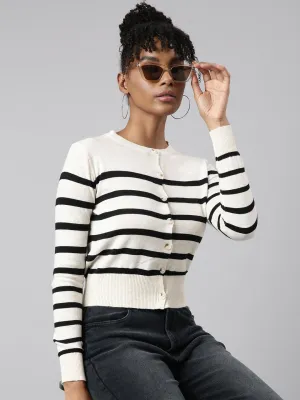 Women Cream Horizontal Stripes Boxy Top