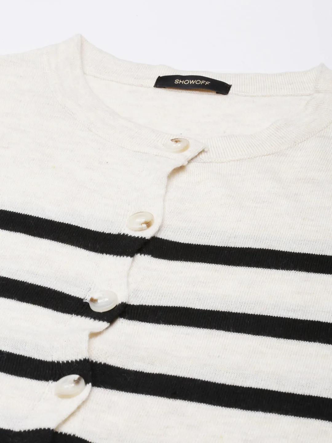Women Cream Horizontal Stripes Boxy Top