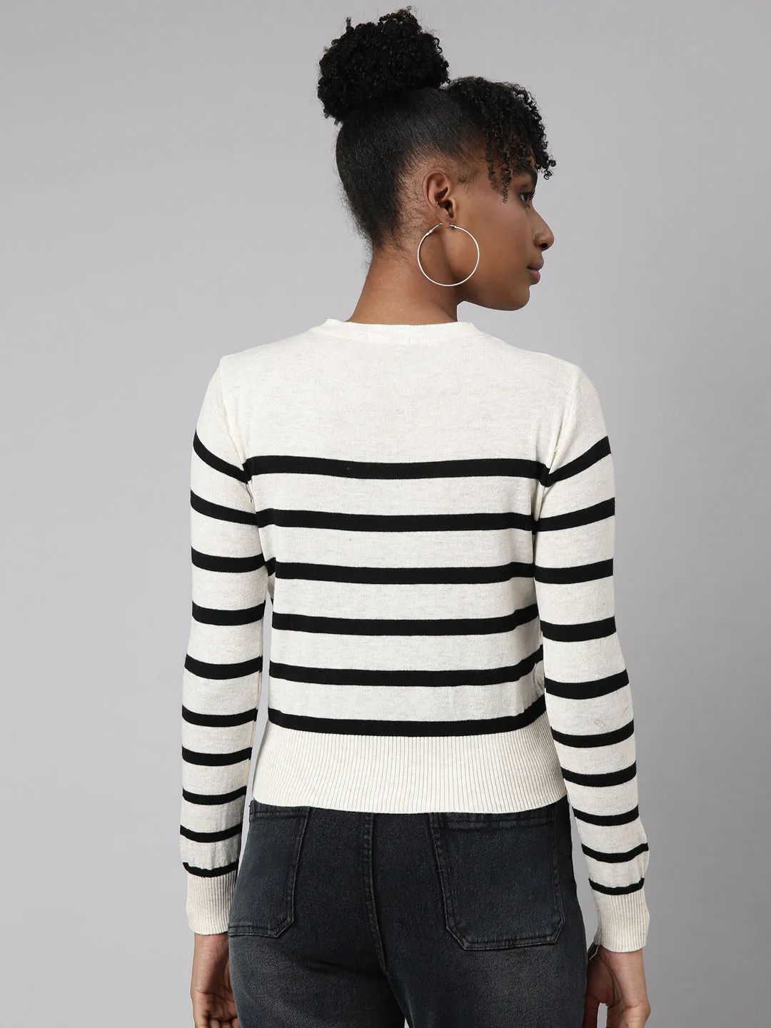 Women Cream Horizontal Stripes Boxy Top