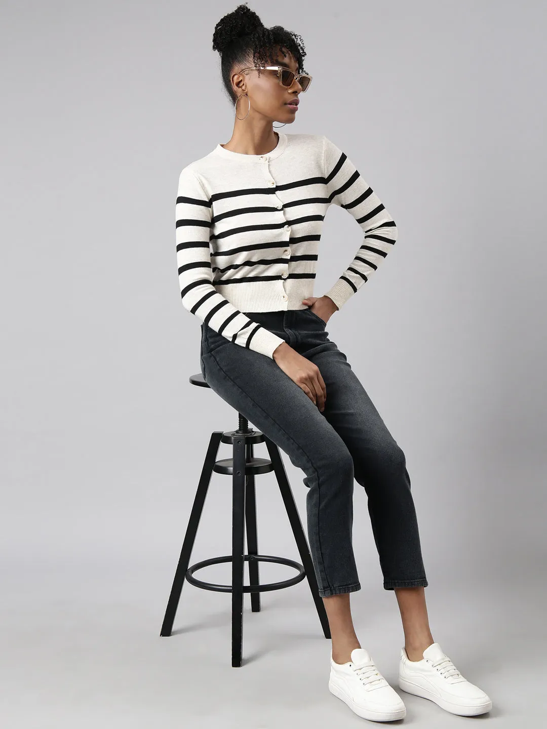 Women Cream Horizontal Stripes Boxy Top