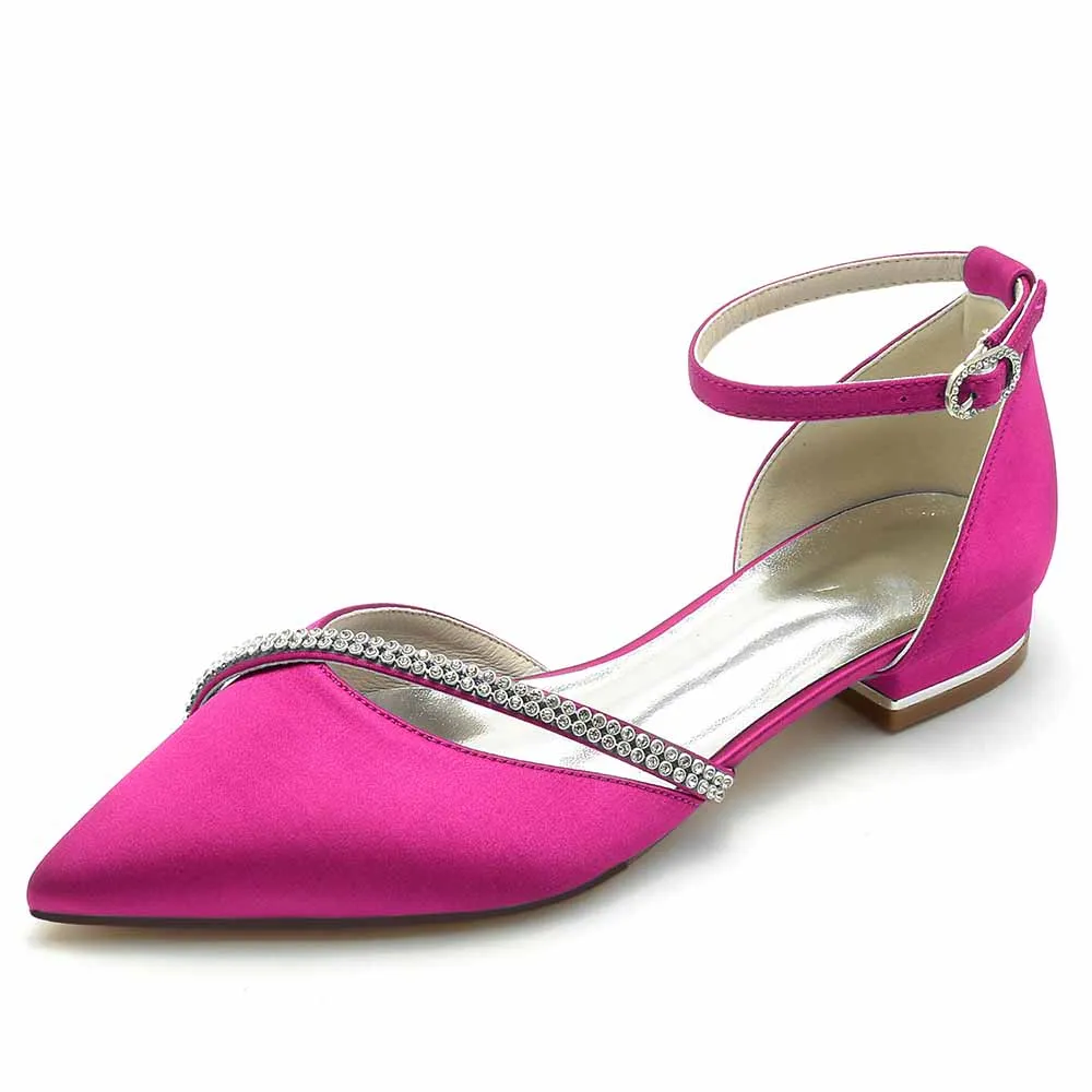 Women hand-made flat heel pointed toe ankle strap party wedding shoes with rhinestones