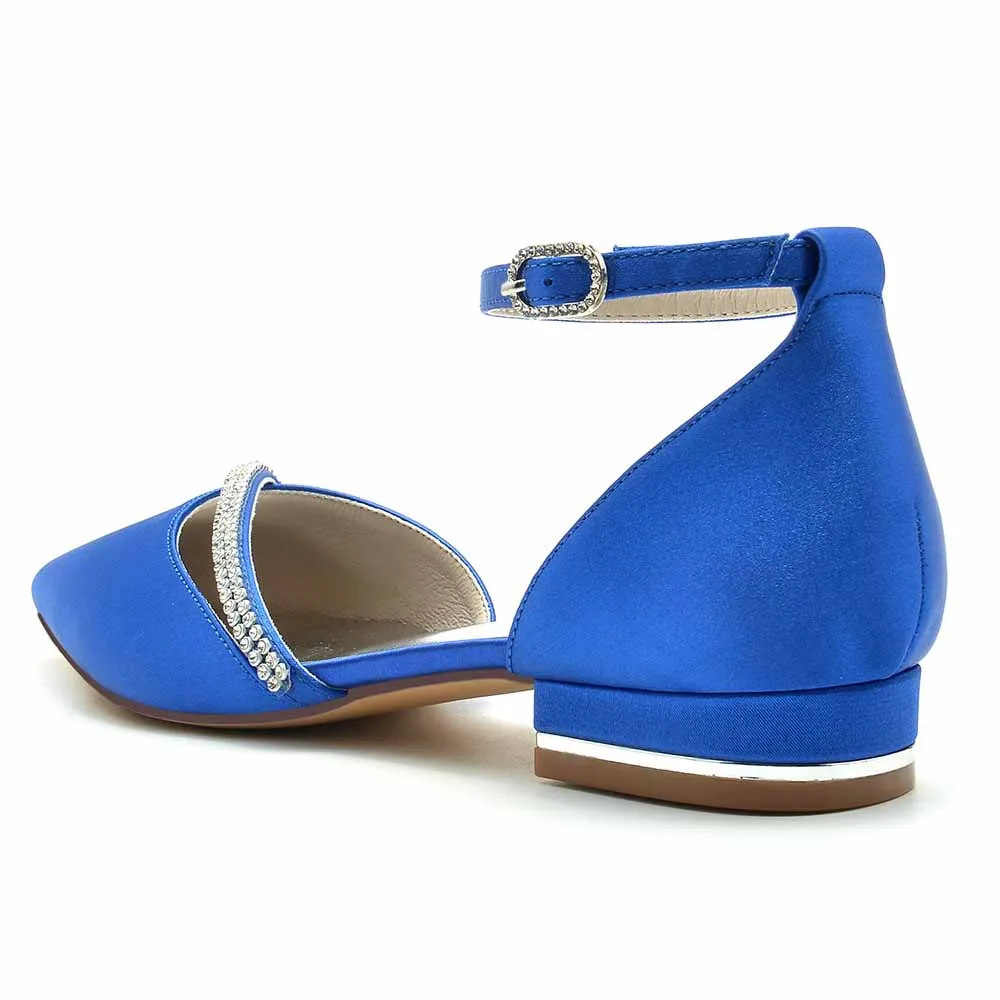 Women hand-made flat heel pointed toe ankle strap party wedding shoes with rhinestones