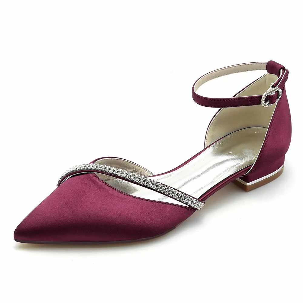Women hand-made flat heel pointed toe ankle strap party wedding shoes with rhinestones