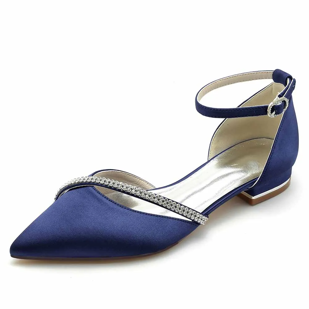 Women hand-made flat heel pointed toe ankle strap party wedding shoes with rhinestones