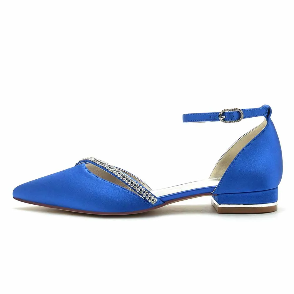 Women hand-made flat heel pointed toe ankle strap party wedding shoes with rhinestones
