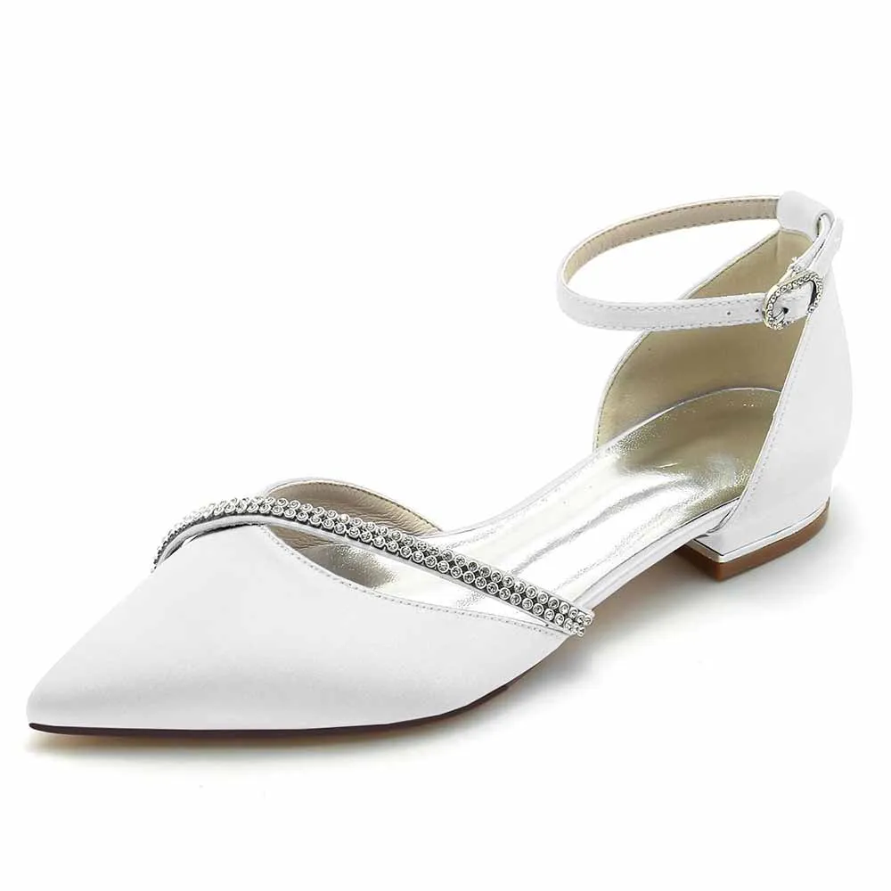 Women hand-made flat heel pointed toe ankle strap party wedding shoes with rhinestones