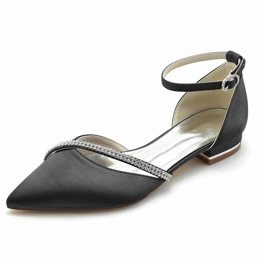 Women hand-made flat heel pointed toe ankle strap party wedding shoes with rhinestones