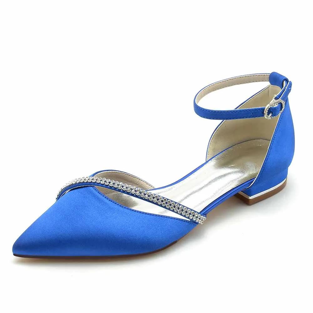Women hand-made flat heel pointed toe ankle strap party wedding shoes with rhinestones