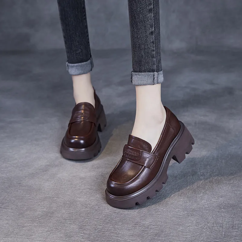 Women Minimalism Solid Leather Chunky Heel Loafers