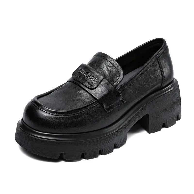 Women Minimalism Solid Leather Chunky Heel Loafers