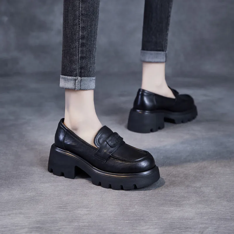 Women Minimalism Solid Leather Chunky Heel Loafers