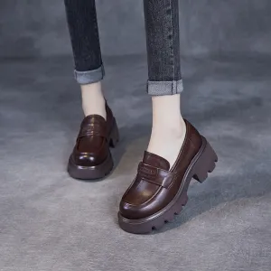 Women Minimalism Solid Leather Chunky Heel Loafers