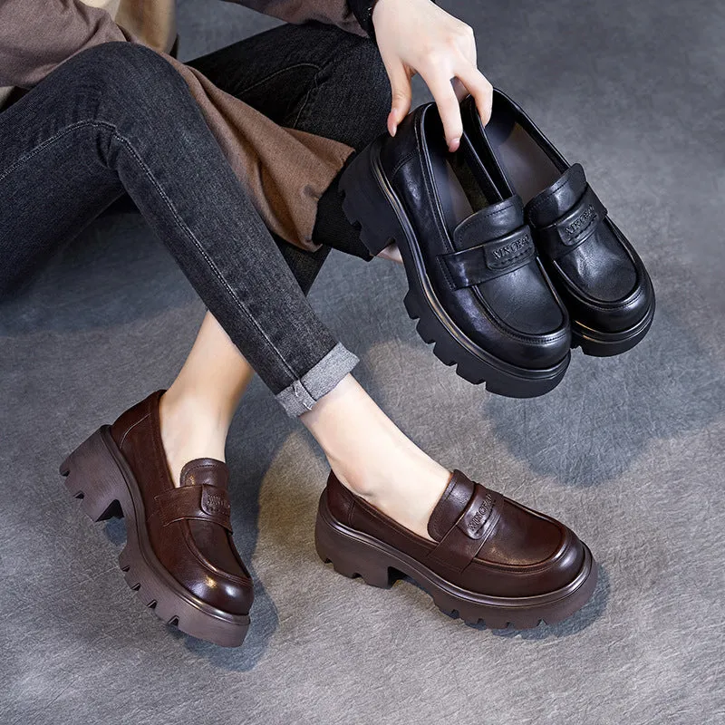 Women Minimalism Solid Leather Chunky Heel Loafers