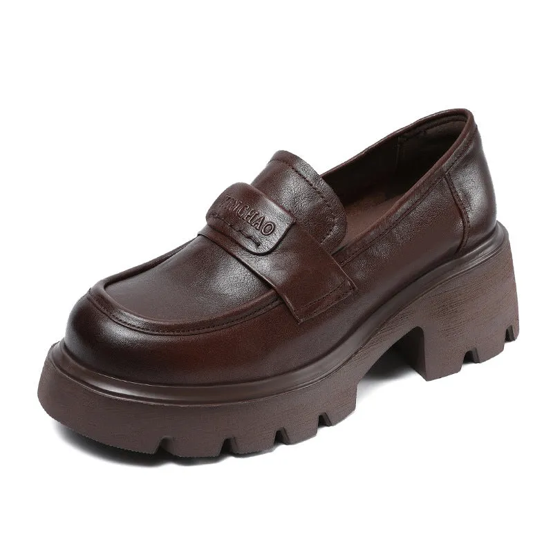 Women Minimalism Solid Leather Chunky Heel Loafers