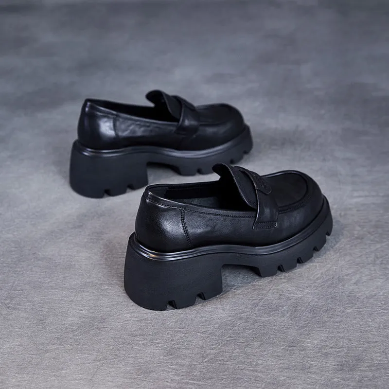 Women Minimalism Solid Leather Chunky Heel Loafers