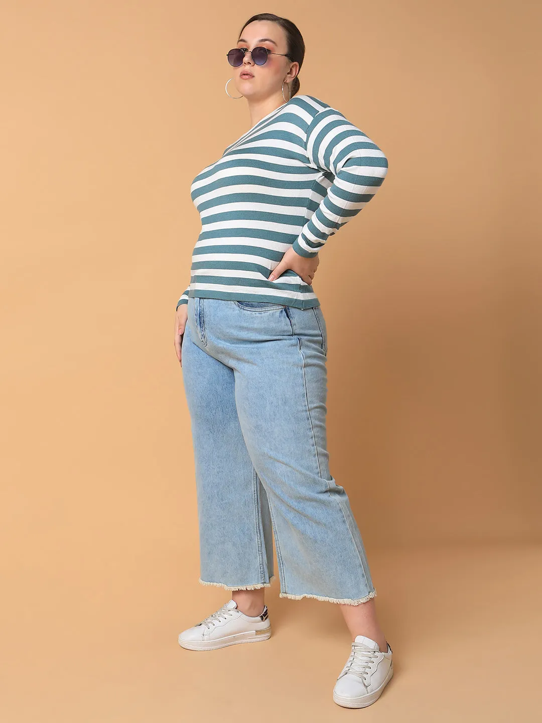 Women Striped Teal Top