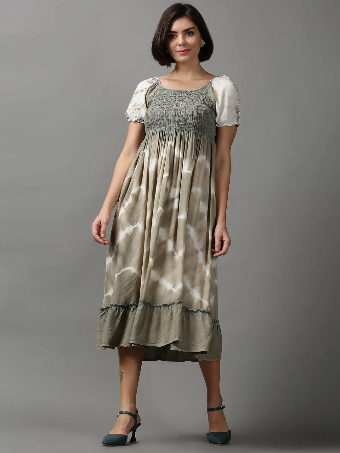 Women's Beige Tie Dye Fit and Flare Dress