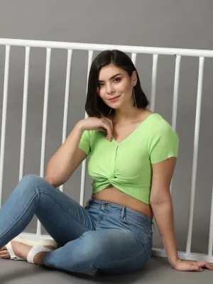 Women's Green Solid Wrap Crop Top