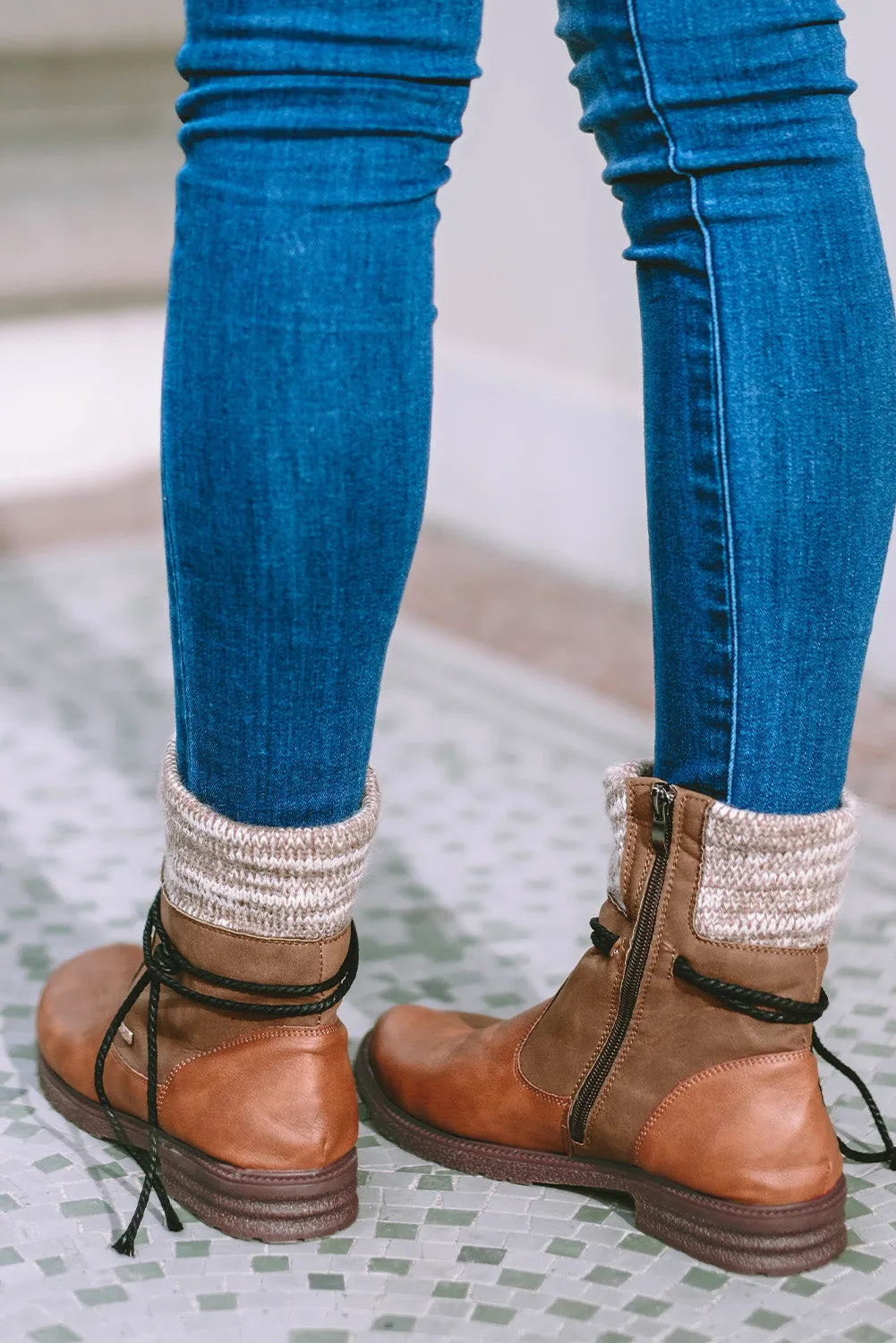 Women's PU Leather Knitted Patchwork Ankle Boots