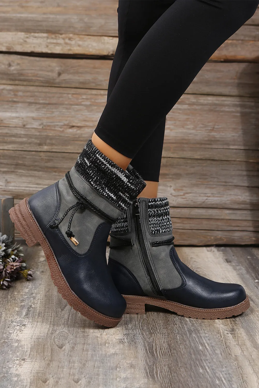 Women's PU Leather Knitted Patchwork Ankle Boots