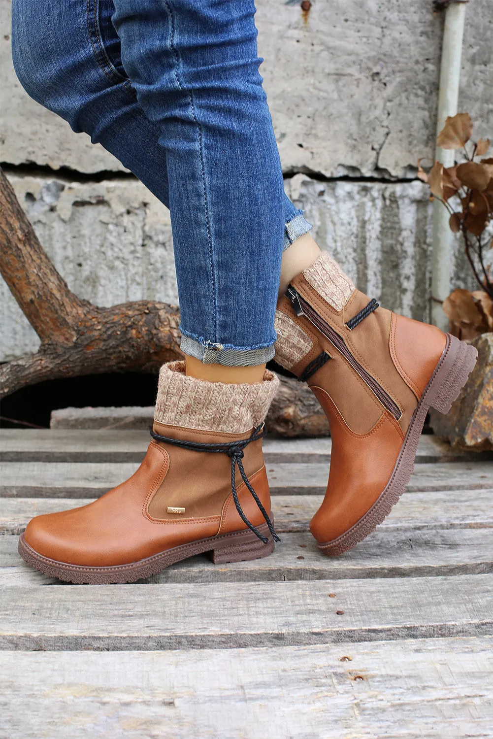 Women's PU Leather Knitted Patchwork Ankle Boots