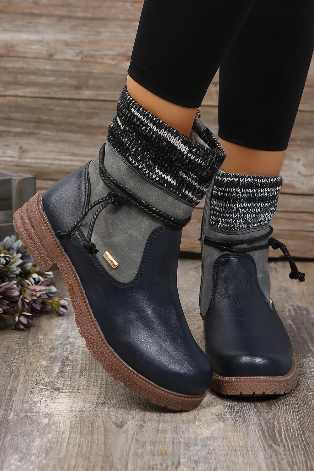 Women's PU Leather Knitted Patchwork Ankle Boots
