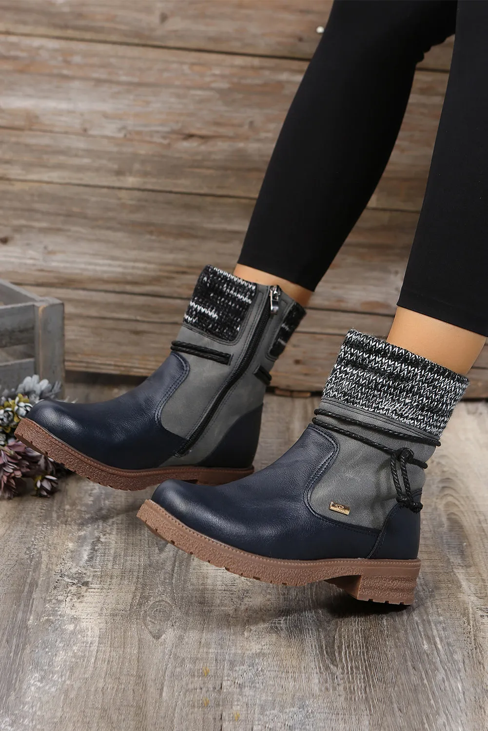 Women's PU Leather Knitted Patchwork Ankle Boots