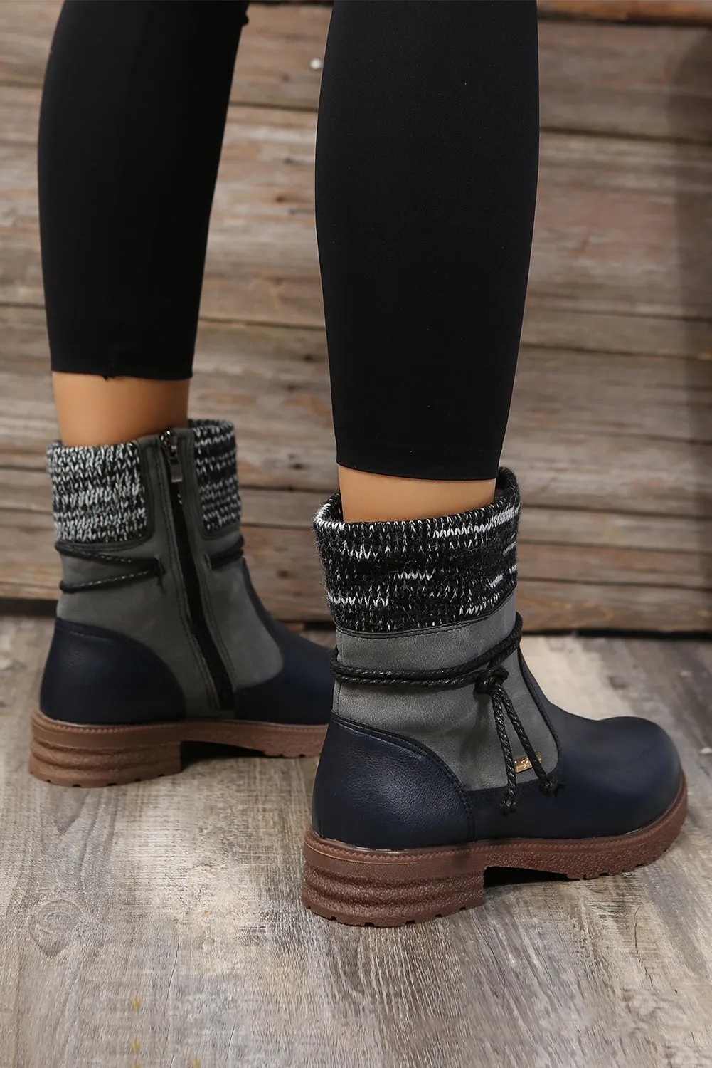 Women's PU Leather Knitted Patchwork Ankle Boots