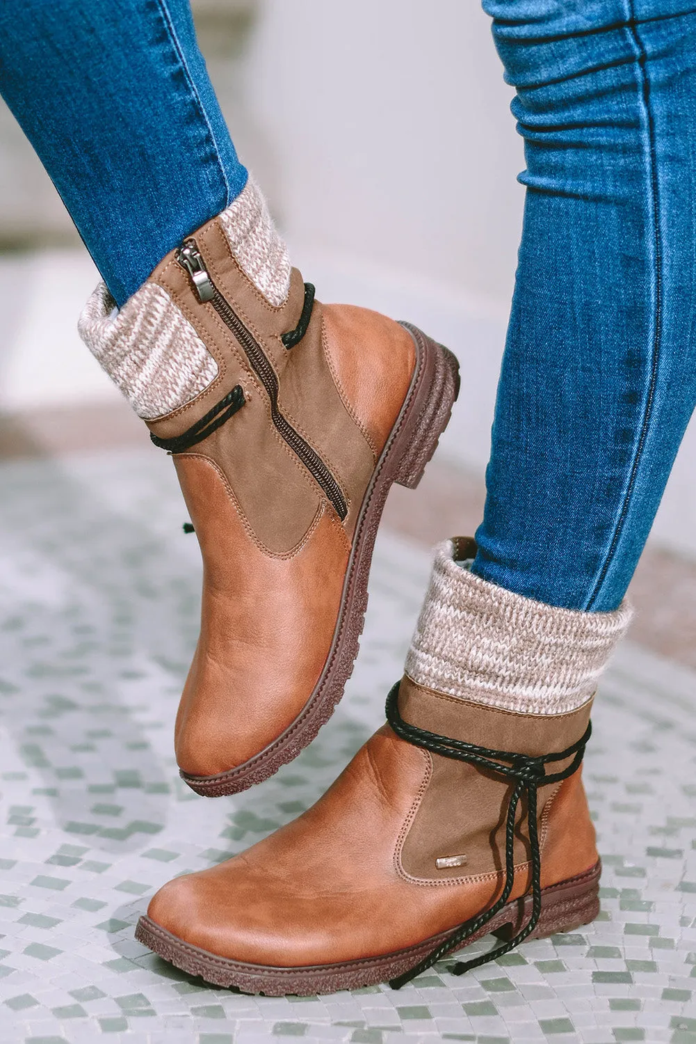 Women's PU Leather Knitted Patchwork Ankle Boots
