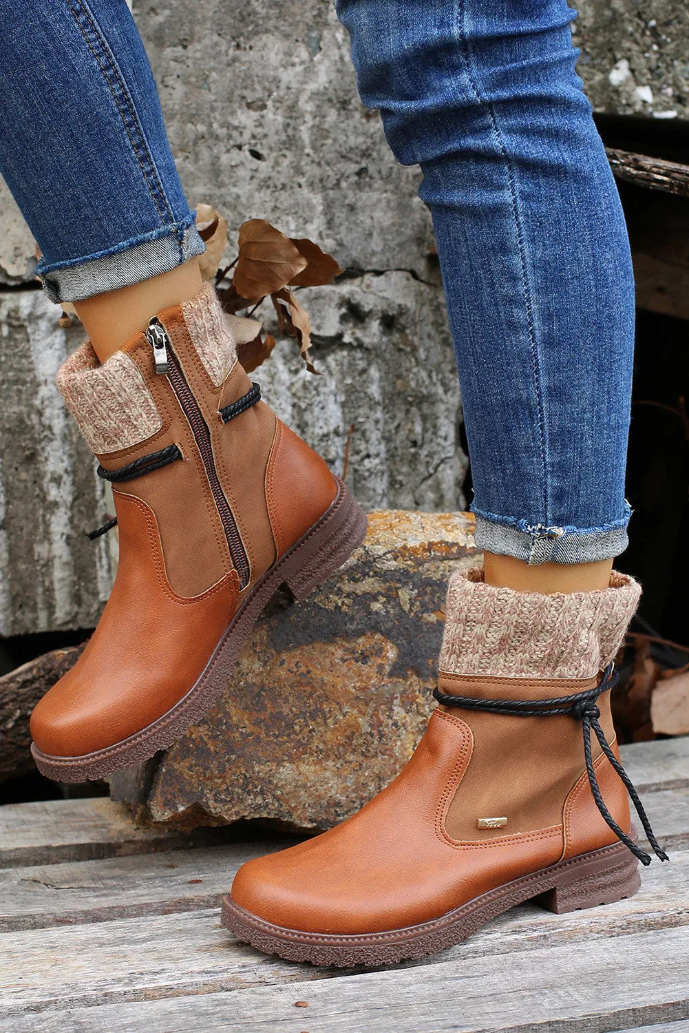 Women's PU Leather Knitted Patchwork Ankle Boots